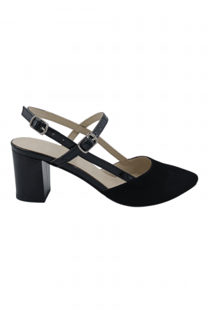 Pantofi sanda cu toc gros 6 cm - Pantofi sanda dama eleganti, piele naturala intoarsa, cu catarame lacuite, toc gros, negru