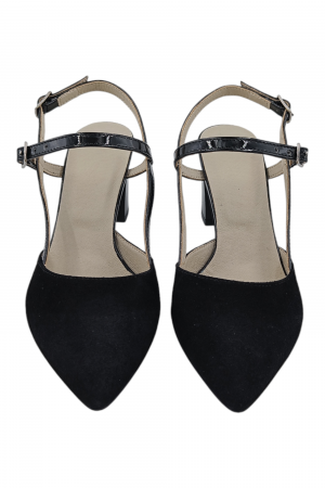 Pantofi sanda dama eleganti, piele naturala intoarsa, cu catarame lacuite, toc gros, negru [3]