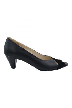Vara - Pantofi sanda damă eleganți, piele naturală și piele întoarsă, vârf decupat, toc conic, negru