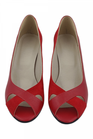 Pantofi sanda damă eleganți, piele naturală și piele întoarsă, vârf decupat, toc conic, roșu [3]