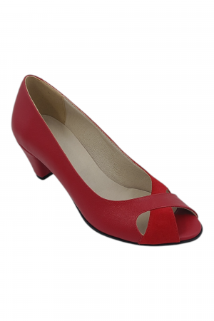 Pantofi sanda damă eleganți, piele naturală și piele întoarsă, vârf decupat, toc conic, roșu [1]