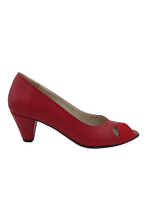 Sandale damă - Pantofi sanda damă eleganți, piele naturală și piele întoarsă, vârf decupat, toc conic, roșu