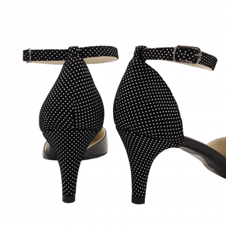 Pantofi sanda dama eleganti, piele naturala, toc cui, imbracat, negru cu buline albe, Sandali [3]