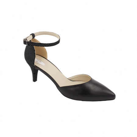 Pantofi sanda cu toc subtire - Pantofi sanda dama eleganti, piele naturala, toc cui, imbracat, negru cu buline albe, Sandali