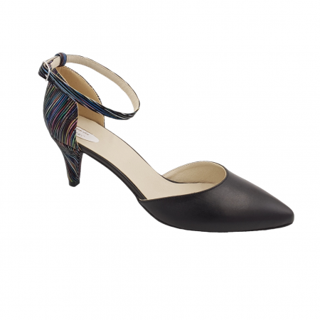 Pantofi sanda cu toc subtire - Pantofi sanda dama eleganti, piele naturala, toc cui, imbracat, negru cu dungi colorate, Sandali