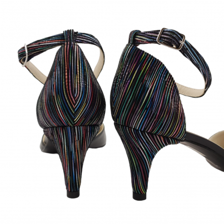 Pantofi sanda dama eleganti, piele naturala, toc cui, imbracat, negru cu dungi colorate, Sandali [3]