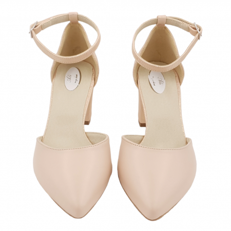 Pantofi sanda dama eleganti, piele naturala, toc gros, imbracat, bej cu linii aurii, Sandali [2]