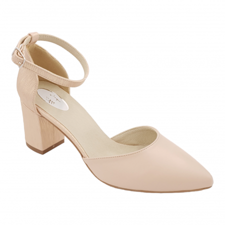 Sandale damă - Pantofi sanda dama eleganti, piele naturala, toc gros, imbracat, bej cu linii aurii, Sandali