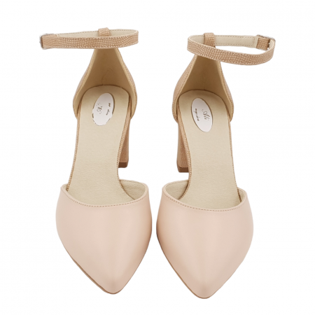 Pantofi sanda dama eleganti, piele naturala, toc gros, imbracat, bej cu puncte, Sandali [2]