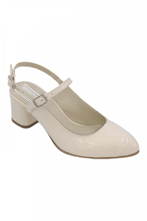 Pantofi sanda cu toc gros 5 cm - Pantofi sanda dama eleganti, piele naturala, toc gros, imbracat, bej lacuit, Sandali