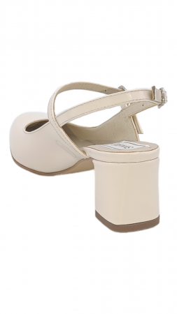 Pantofi sanda dama eleganti, piele naturala, toc gros, imbracat, bej lacuit, Sandali [2]