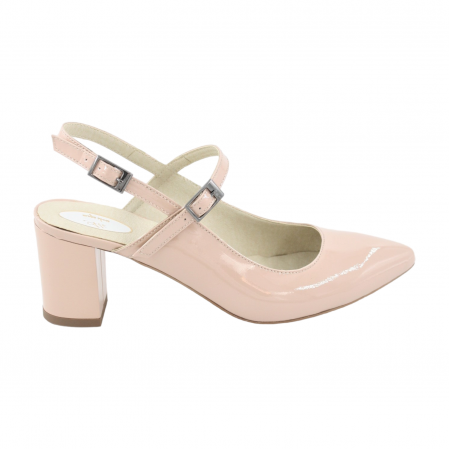 Pantofi sanda cu toc gros 6 cm - Pantofi sanda dama eleganti, piele naturala, toc gros, imbracat, bej lacuit, Sandali