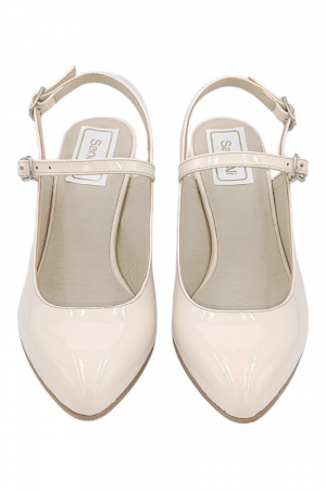 Pantofi sanda dama eleganti, piele naturala, toc gros, imbracat, bej lacuit, Sandali [3]