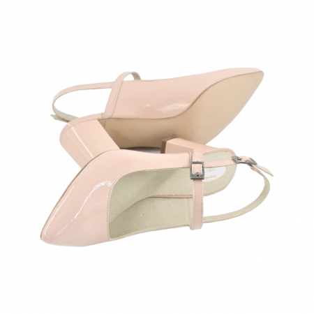Pantofi sanda dama eleganti, piele naturala, toc gros, imbracat, bej lacuit, Sandali [3]