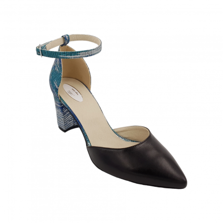 Pantofi sanda cu toc gros 6 cm - Pantofi sanda dama eleganti, piele naturala, toc gros, imbracat, negru cu argintiu, turcoaz, Sandali