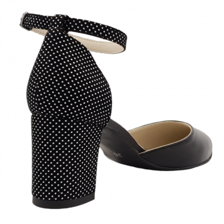 Pantofi sanda dama eleganti, piele naturala, toc gros, imbracat, negru cu buline albe, Sandali [1]