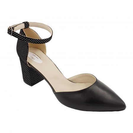 Pantofi sanda cu toc gros 6 cm - Pantofi sanda dama eleganti, piele naturala, toc gros, imbracat, negru cu buline albe, Sandali