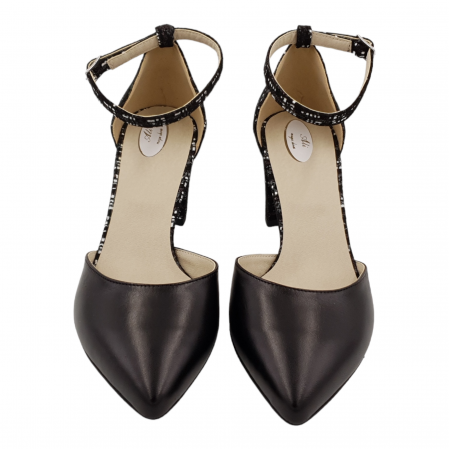 Pantofi sanda dama eleganti, piele naturala, toc gros, imbracat, negru cu carouri, Sandali [2]