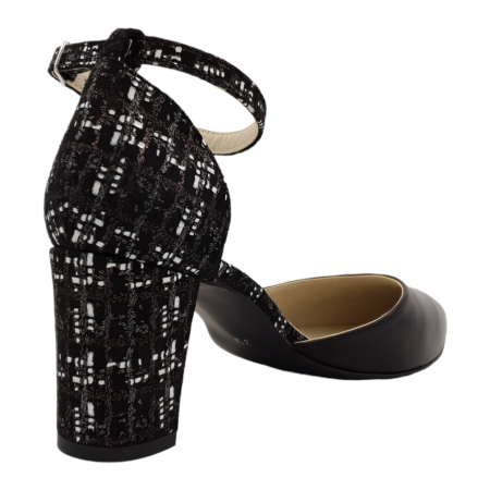 Pantofi sanda dama eleganti, piele naturala, toc gros, imbracat, negru cu carouri, Sandali [1]