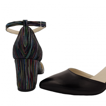 Pantofi sanda dama eleganti, piele naturala, toc gros, imbracat, negru cu dungi colorate, Sandali [3]