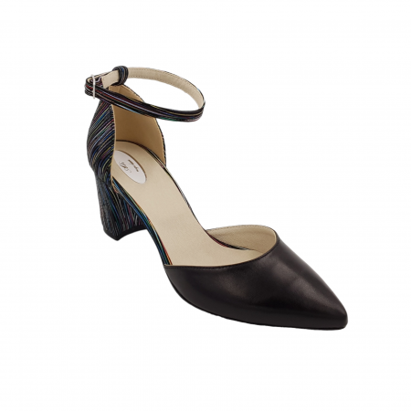 Pantofi sanda cu toc gros 6 cm - Pantofi sanda dama eleganti, piele naturala, toc gros, imbracat, negru cu dungi colorate, Sandali