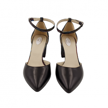 Pantofi sanda dama eleganti, piele naturala, toc gros, imbracat, negru cu dungi colorate, Sandali [2]