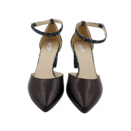 Pantofi sanda dama eleganti, piele naturala, toc gros, imbracat, negru cu flori albastre, Sandali [2]