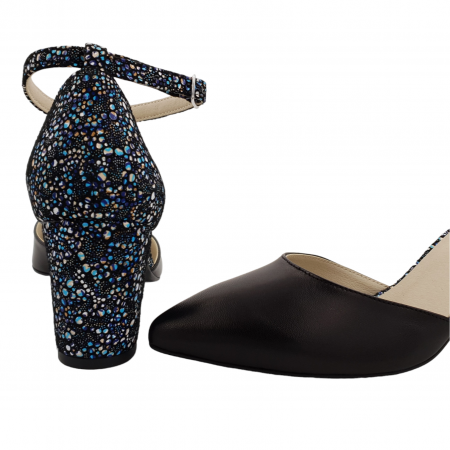 Pantofi sanda dama eleganti, piele naturala, toc gros, imbracat, negru cu flori albastre, Sandali [3]