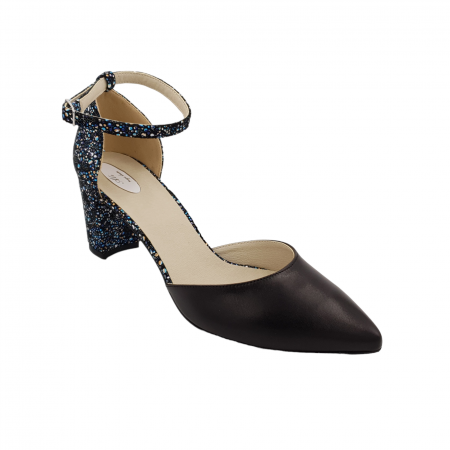 Pantofi sanda cu toc gros 6 cm - Pantofi sanda dama eleganti, piele naturala, toc gros, imbracat, negru cu flori albastre, Sandali