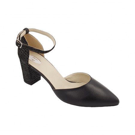 Pantofi sanda cu toc gros 6 cm - Pantofi sanda dama eleganti, piele naturala, toc gros, imbracat, negru cu imprimeu maro-alb, Sandali