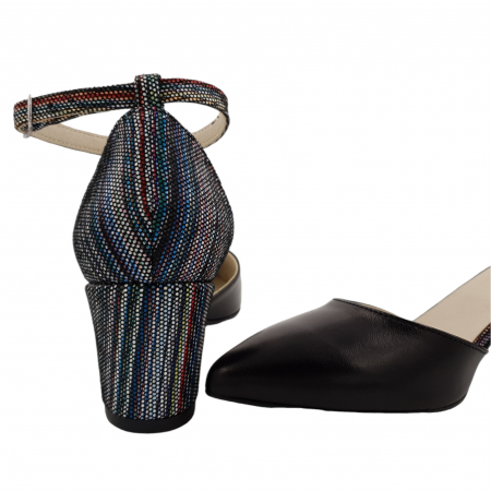 Pantofi sanda dama eleganti, piele naturala, toc gros, imbracat, negru cu linii colorate, Sandali [3]