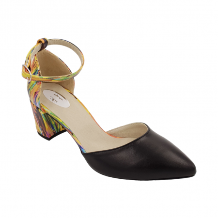 Pantofi sanda cu toc gros 6 cm - Pantofi sanda dama eleganti, piele naturala, toc gros, imbracat, negru cu galben picasso, Sandali