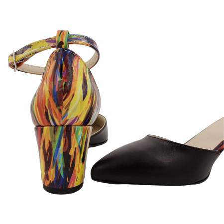 Pantofi sanda dama eleganti, piele naturala, toc gros, imbracat, negru cu galben picasso, Sandali [3]