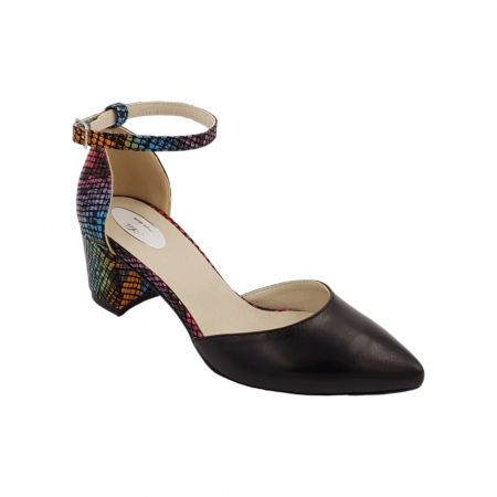 Pantofi sanda cu toc gros 6 cm - Pantofi sanda dama eleganti, piele naturala, toc gros, imbracat, negru cu sarpe colorat, Sandali