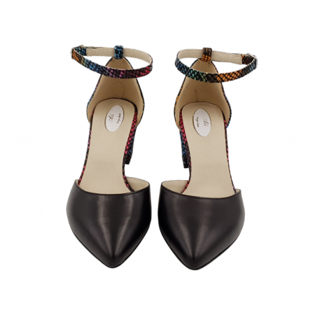 Pantofi sanda dama eleganti, piele naturala, toc gros, imbracat, negru cu sarpe colorat, Sandali [2]