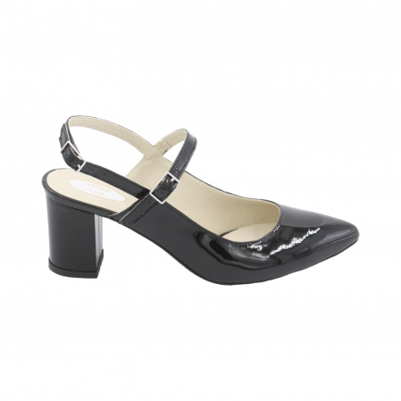 Pantofi sanda cu toc gros 6 cm - Pantofi sanda dama eleganti, piele naturala, toc gros, imbracat, negru lacuit, Sandali