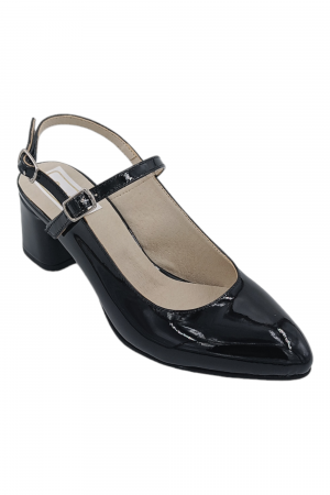 Pantofi sanda cu toc gros 5 cm - Pantofi sanda dama eleganti, piele naturala, toc gros, imbracat, negru lacuit, Sandali