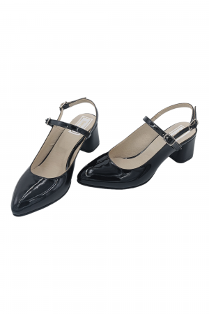 Pantofi sanda dama eleganti, piele naturala, toc gros, imbracat, negru lacuit, Sandali [4]