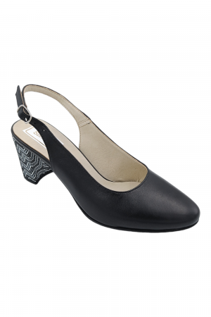 Pantofi sanda cu toc gros 6 cm - Pantofi sanda damă eleganți, piele naturală, toc gros, îmbrăcat negru zig-zag, Sandali
