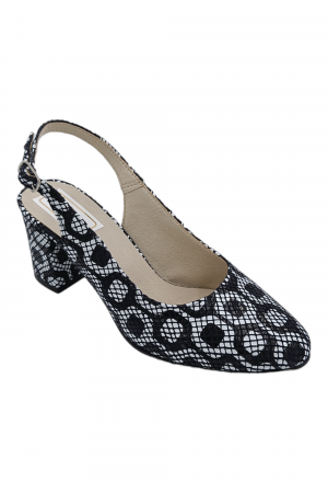 Pantofi sanda cu toc gros 6 cm - Pantofi sanda damă eleganți, piele naturală, toc gros, imprimeu alb-negru retro, Sandali