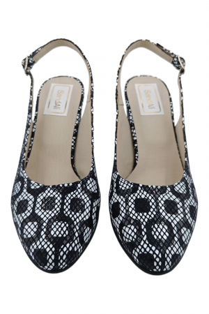 Pantofi sanda damă eleganți, piele naturală, toc gros, imprimeu alb-negru retro, Sandali [3]
