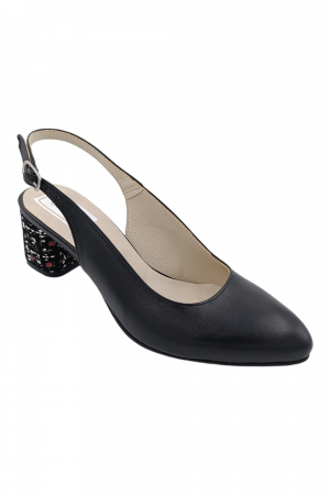 Pantofi sanda cu toc gros 5 cm - Pantofi sanda damă eleganți, piele naturală, varf migdalat, toc gros, imprimeu CARA, Sandali