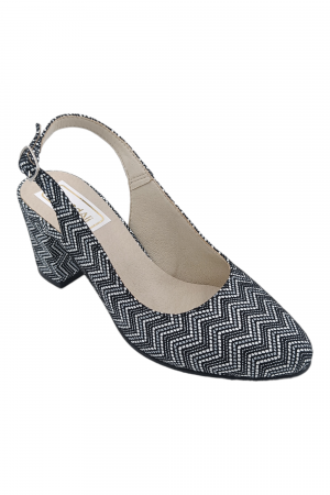 Pantofi sanda cu toc gros 6 cm - Pantofi sanda damă eleganți, piele naturală, toc gros, imprimeu alb-negru zig zag, Sandali