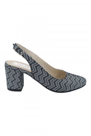 Pantofi sanda damă eleganți, piele naturală, toc gros, imprimeu alb-negru zig zag, Sandali [1]