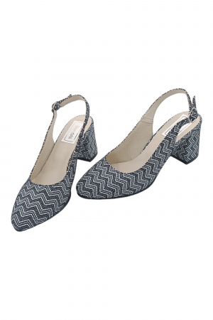 Pantofi sanda damă eleganți, piele naturală, toc gros, imprimeu alb-negru zig zag, Sandali [4]