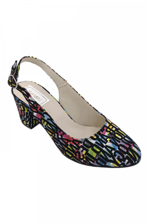Pantofi sanda cu toc gros 6 cm - Pantofi sanda damă eleganți, piele naturală, toc gros, imprimeu litere, Sandali
