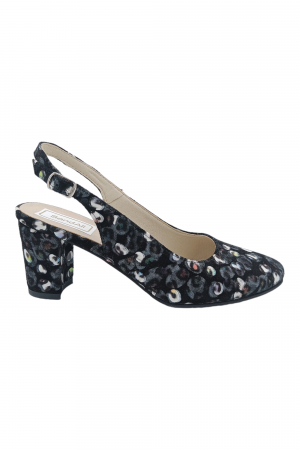 Pantofi sanda damă eleganți, piele naturală, toc gros, imprimeu negru păun, Sandali [1]
