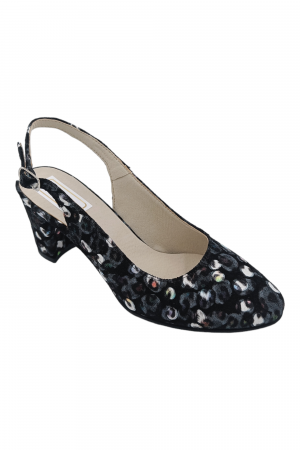 Pantofi sanda cu toc gros 6 cm - Pantofi sanda damă eleganți, piele naturală, toc gros, imprimeu negru păun, Sandali