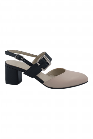Primavara - Pantofi sanda damă eleganți, piele naturală, vârf migdalat, toc gros, cu bareta lata, bej-negru