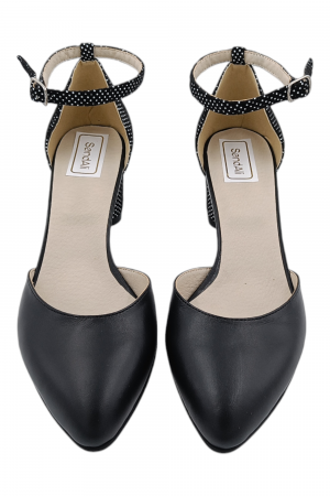 Pantofi sanda damă eleganți, piele naturală, varf migdalat, toc gros, imprimeu negru buline albe, Sandali [3]